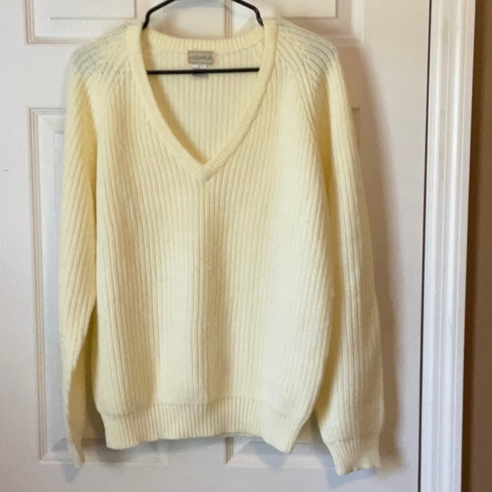 Vintage Lazarus Men’s Ivory V-Neck Cable Knit Grandpa Sweater Size Large